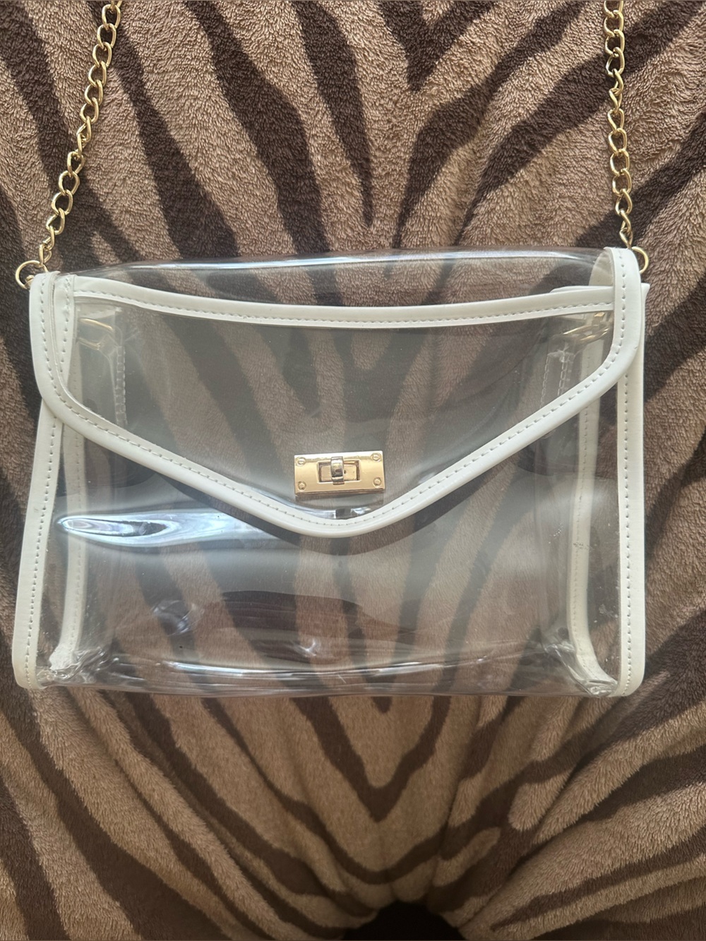 Clear PVC Crossbody Bag with White Trim and Gold Chain